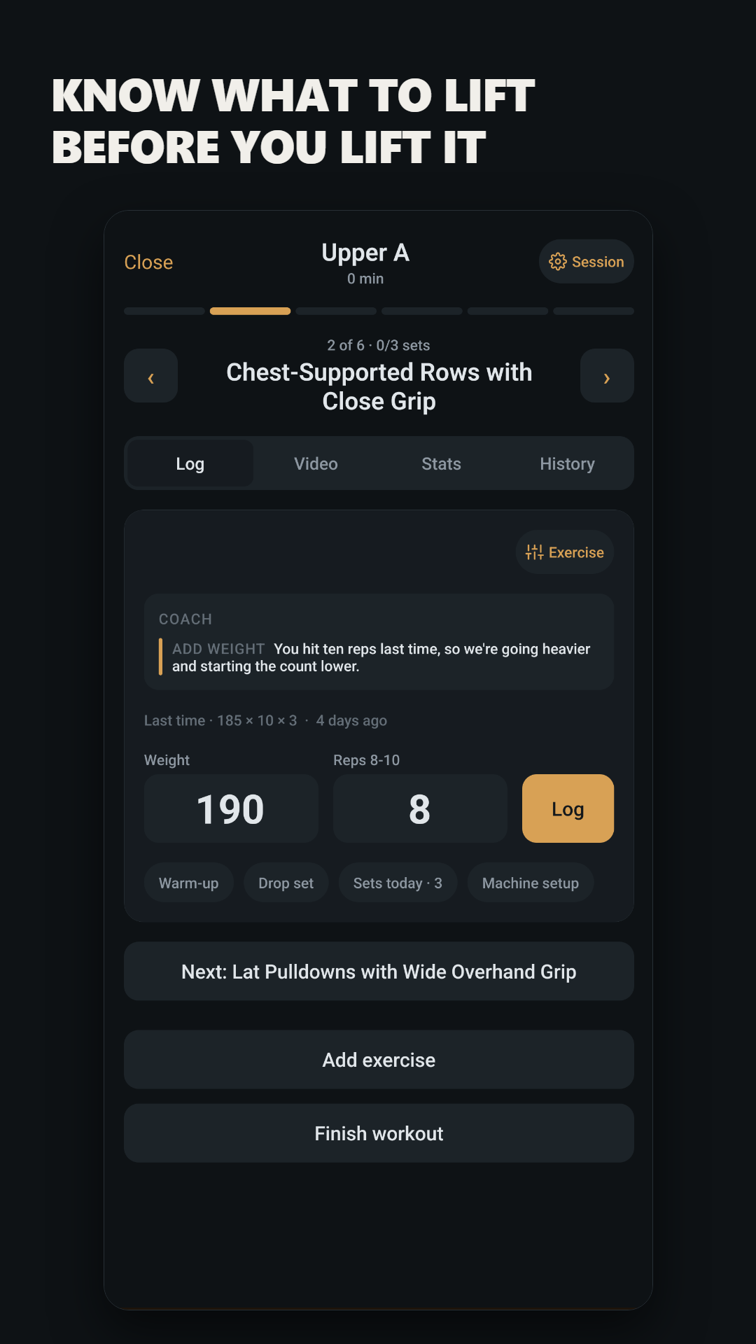 The logging screen: one exercise at a time, with the coach explaining why the weight went up.
