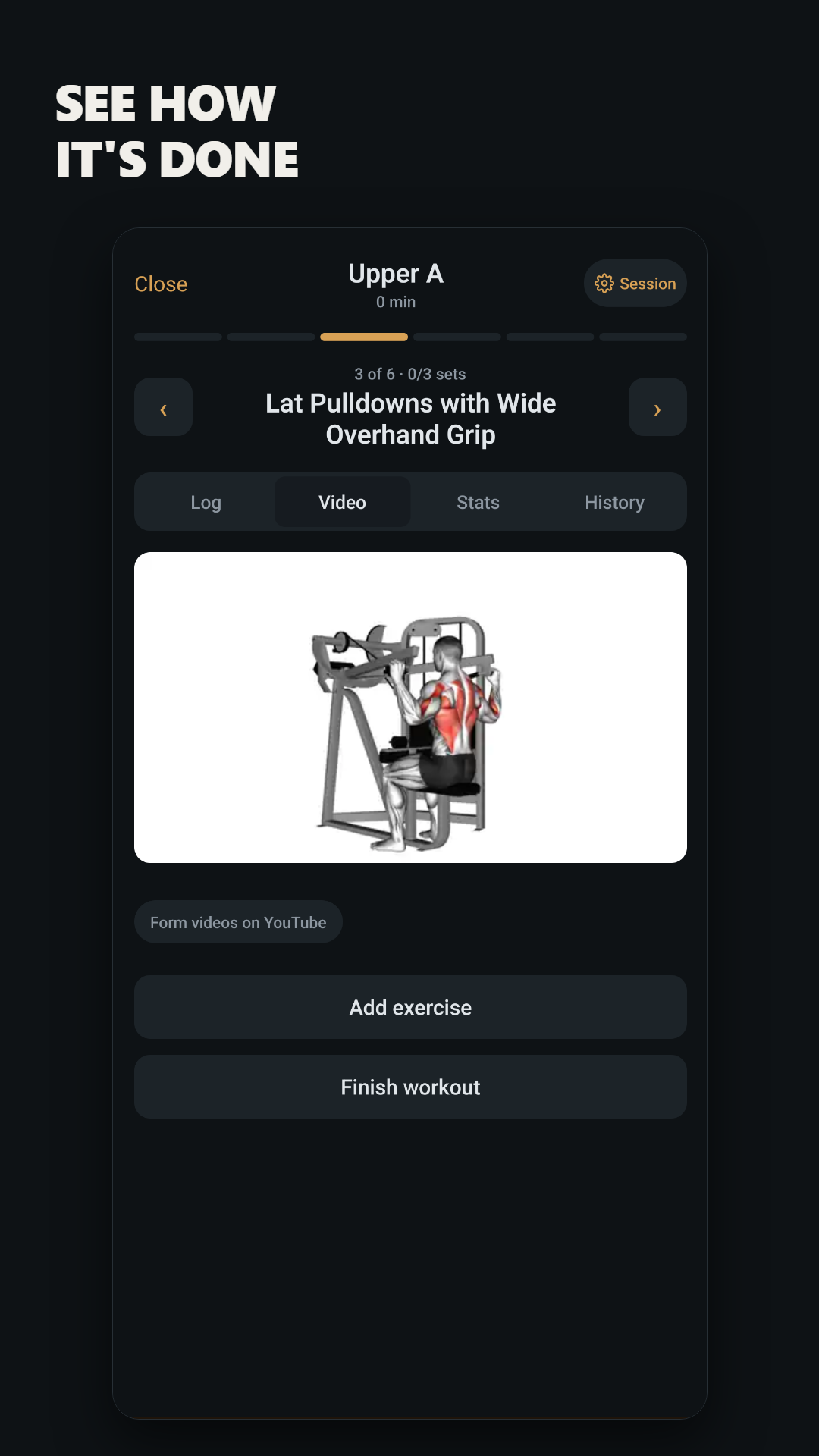 A looping demo clip for an exercise, one tap away mid-set.
